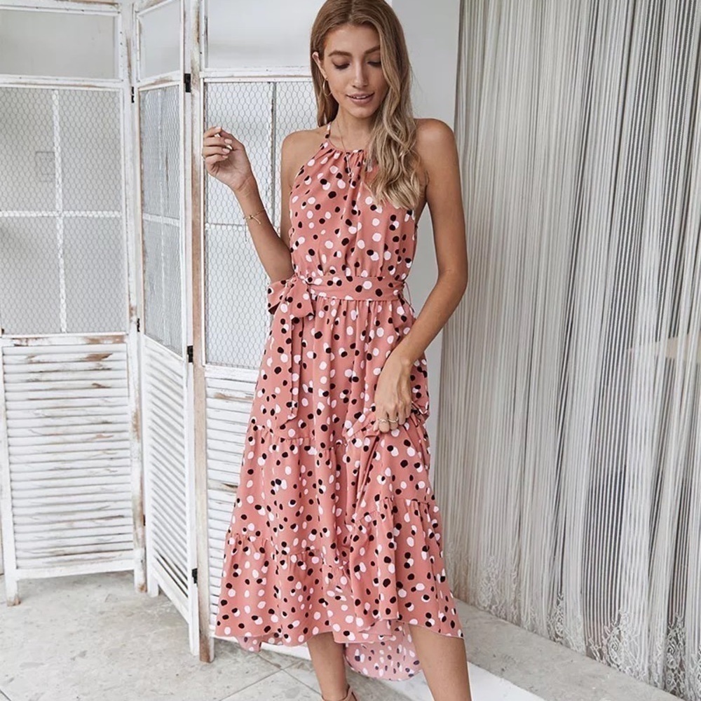Halter dress fit flare belted midi
